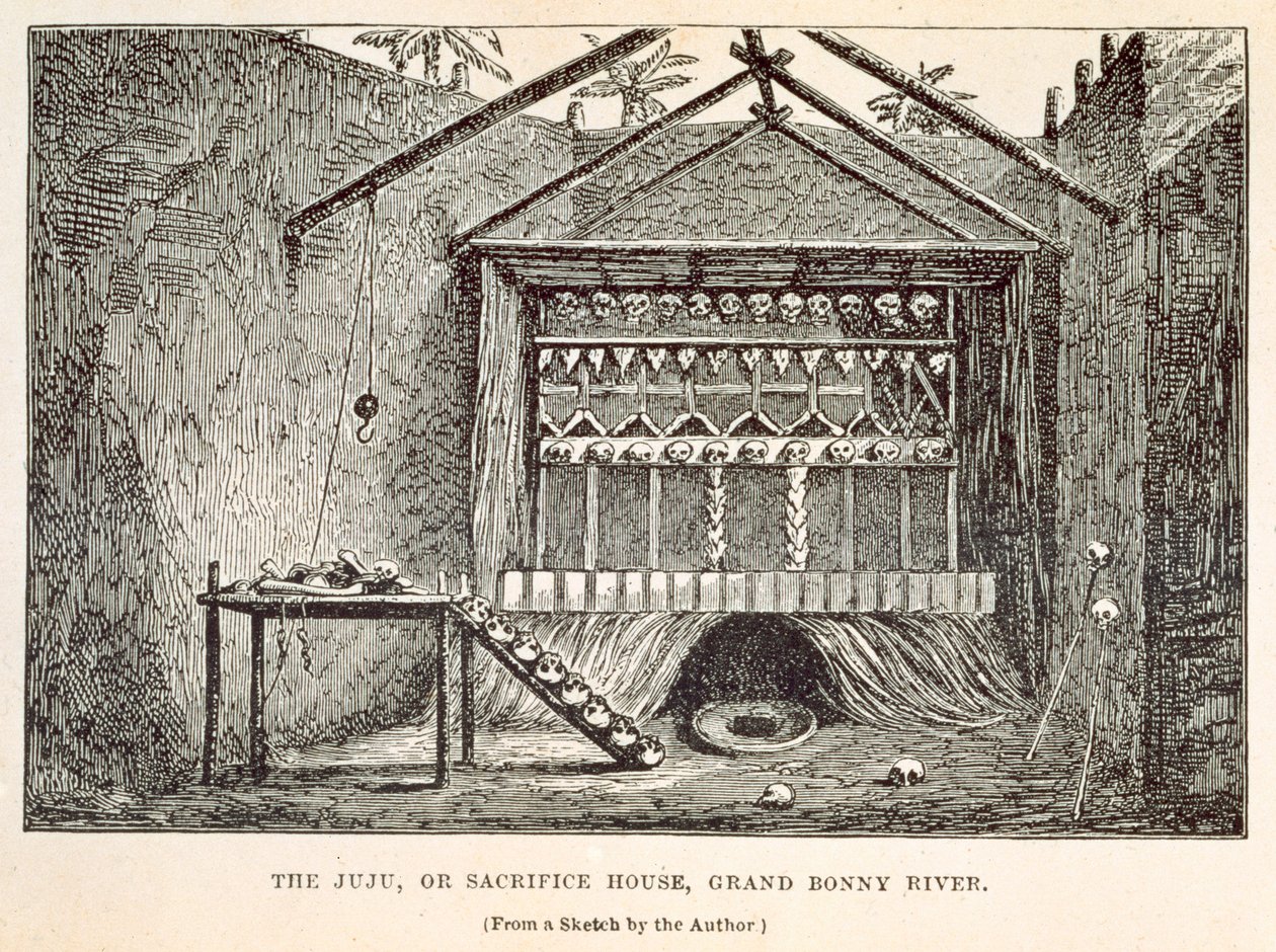 The Juju ، أو Sacrifice House ، Grand Bonny River ، من "Wanderings in West Africa from Liverpool to Fernando Po" ، بقلم ريتشارد إف بيرتون ، منقوش بواسطة Tinsley Brothers ، 1863 بواسطة ريتشارد فرانسيس بيرتون