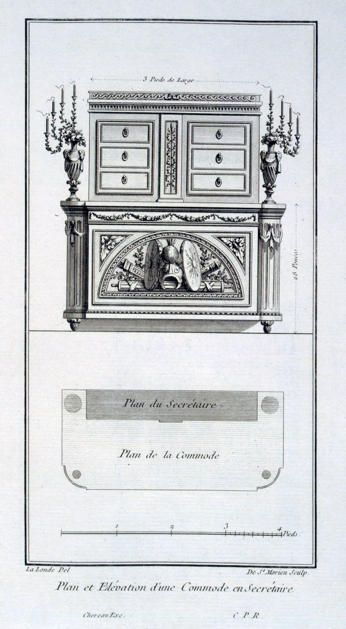 تصميم لخزانة كومود وسكرتير ، من "Oeuvres divers de Lalonde، decorateur et dessinateur" ، تم نشره 1780-96 بواسطة ريتشارد لالوند