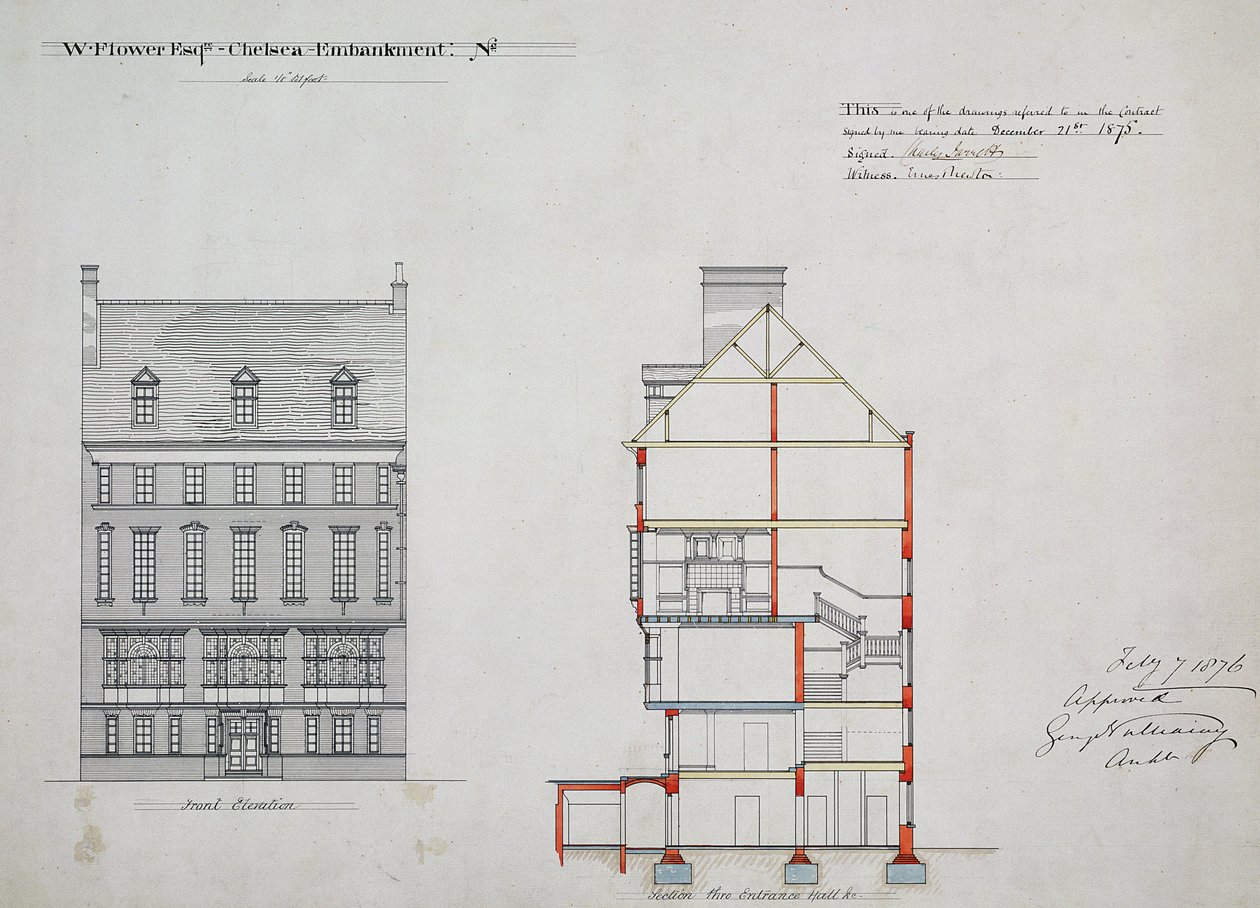 تصميم لمنزل W. Flower Esq ، Chelsea Embankment ، لندن ، 1876 (قلم وحبر ومرحاض على ورق) بواسطة ريتشارد نورمان شو