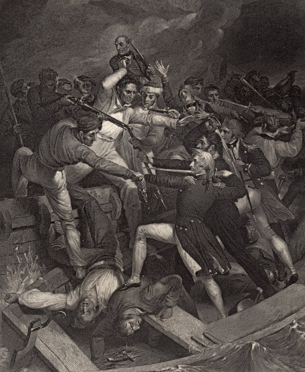 صراع نيلسون مع إطلاق إسباني ، رسم توضيحي من "حياة نيلسون" بقلم روبرت سوثي (1774-1843) نشر لأول مرة عام 1813 بواسطة ريتشارد ويستال