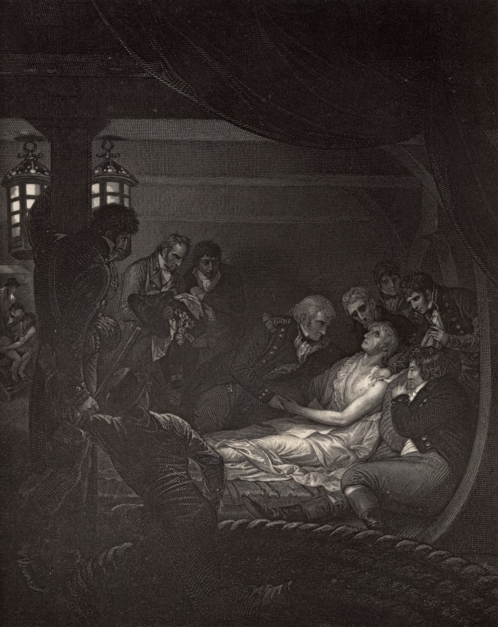 وفاة نيلسون (1758-1805) التوضيح من "حياة نيلسون" روبرت سوثي (1774-1843) نشر لأول مرة عام 1813 بواسطة ريتشارد ويستال
