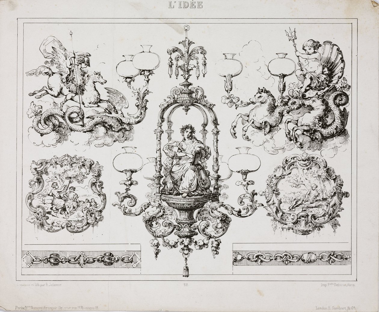Gas or oil chandeliers, Paris, France, c 1860 بواسطة ريتشارد (بعد) داد