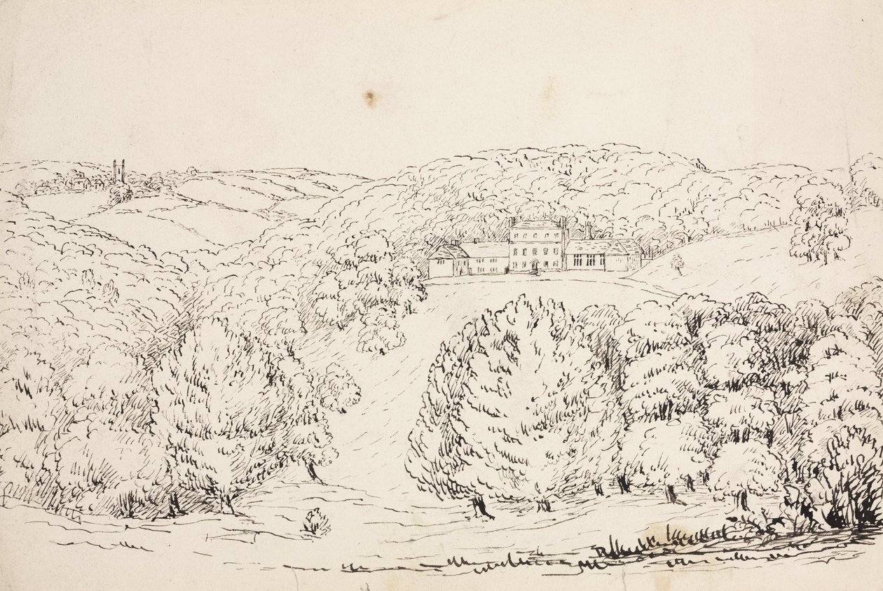 Pencil sketch of a building on a wooded hillside, South Atlantic بواسطة ريتشارد (بعد) داد
