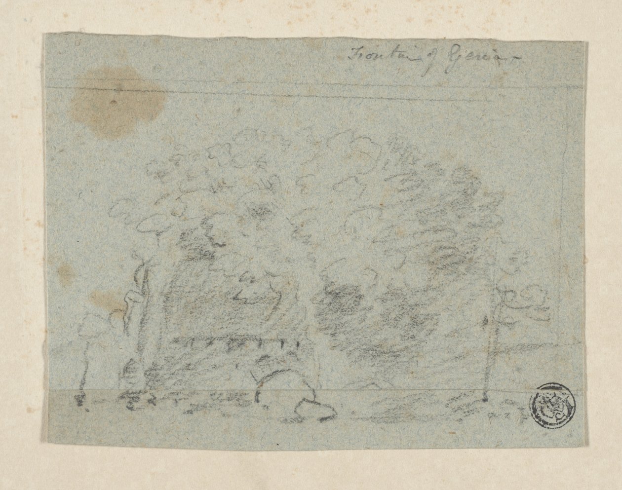رسم تخطيطي للأشجار بالقرب من الجسر (الفحم والجرافيت على ورق مضلع أزرق ، مقلوب على ورق منسوج كريمي) بواسطة ريتشارد (Attr.to) ويلسون