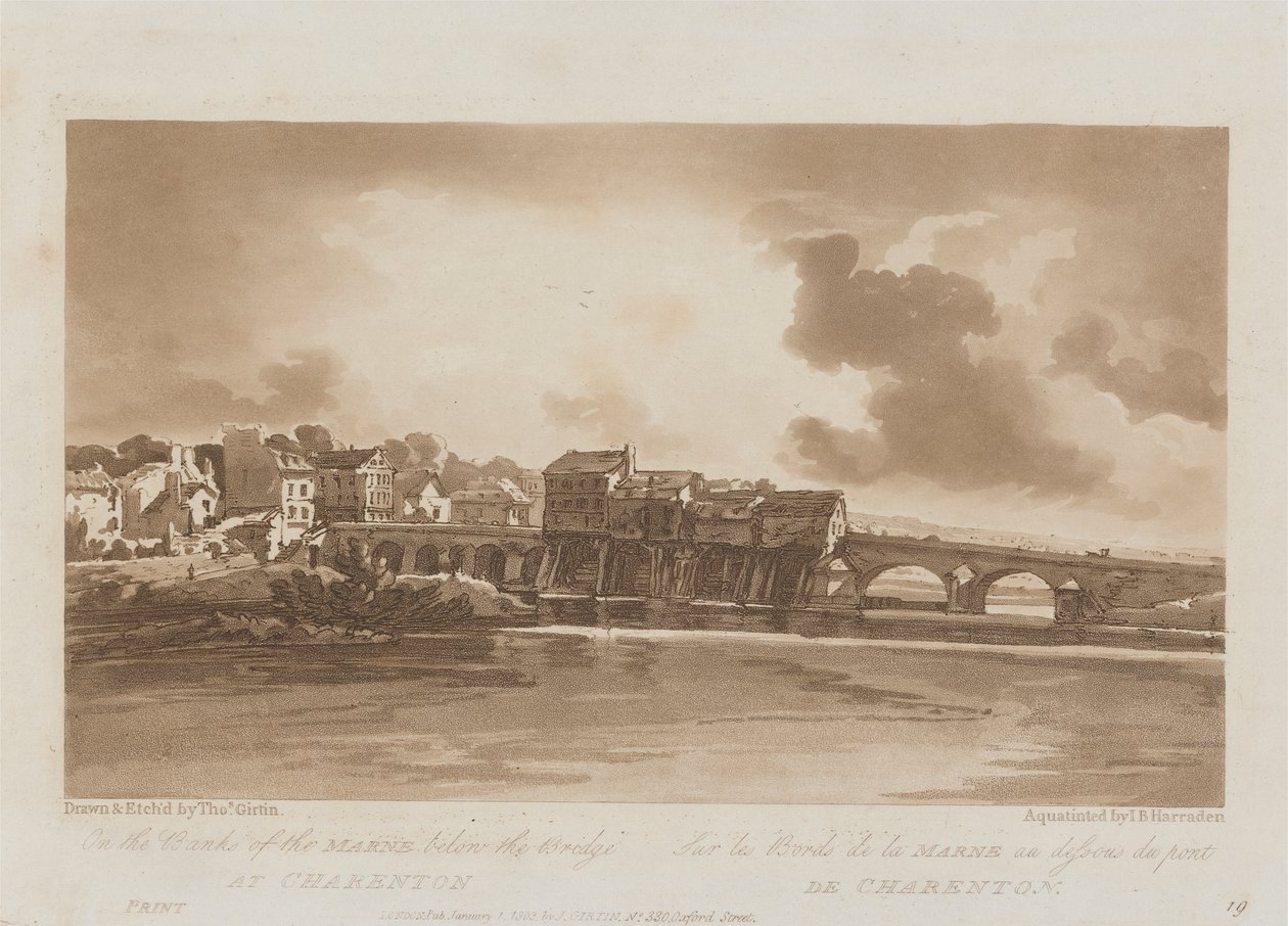 على ضفاف نهر مارن أسفل الجسر في تشارنتون 1803 ؛ اللوحة 19 من Views in Paris ، تتبع حجم إيمانويل للوحة B1981.25.2628 بواسطة ريتشارد بانكس هاردين