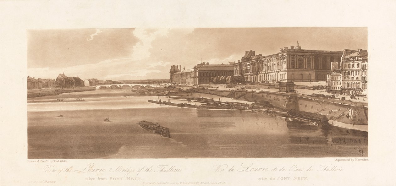 منظر لمتحف اللوفر وجسر Thuilleries ، مأخوذ من Pont Neuf. 1802 ؛ اللوحة 2 من آراء في باريس ، تتبع حجم إيمانويل للوحة ، B1981.25.2613 بواسطة ريتشارد بانكس هاردين