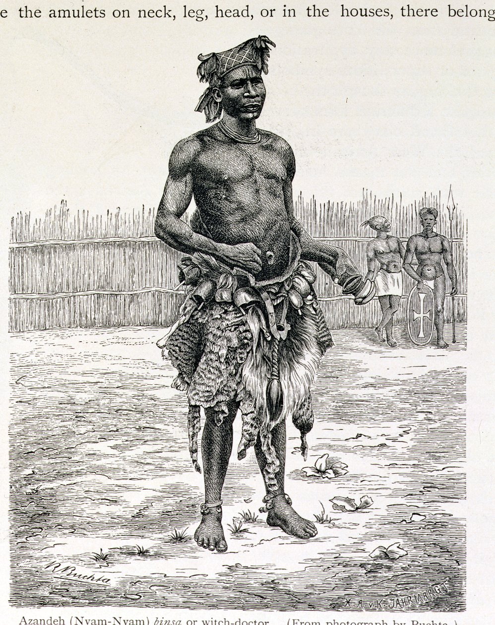 Azandeh (Nyam-Nyam) Binsa أو Witch Doctor ، نقشها Jahrmargt ، من "تاريخ البشرية" للأستاذ فريدريش راتزيل ، حانة. عام 1904 (نقش) بواسطة ريتشارد بوكتا
