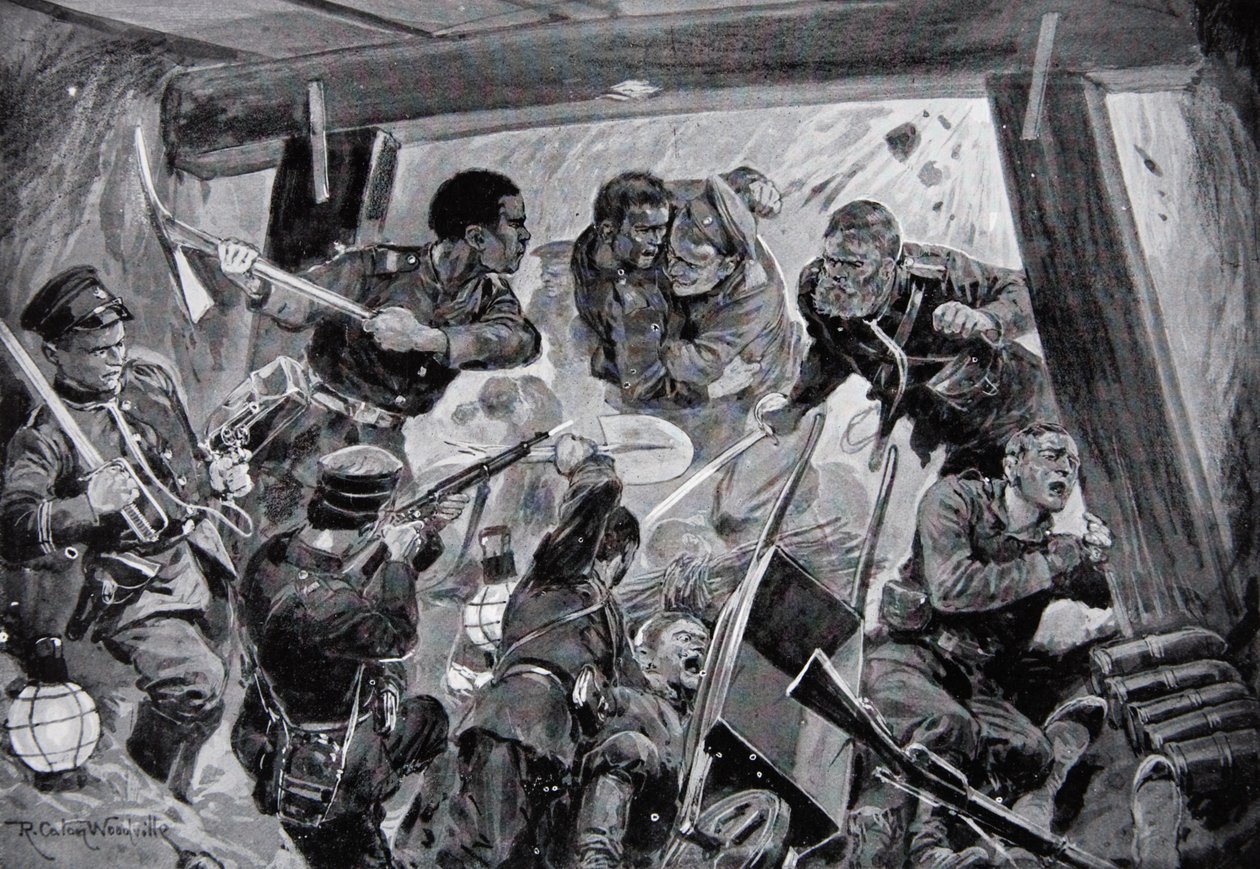 الحرب الروسية اليابانية: صراع يدا بيد في أعمال الحفر في بورت آرثر ، رسم توضيحي من "تاريخ الأمة" (ليثو) بواسطة ريتشارد كاتون الثاني (بعد) وودفيل