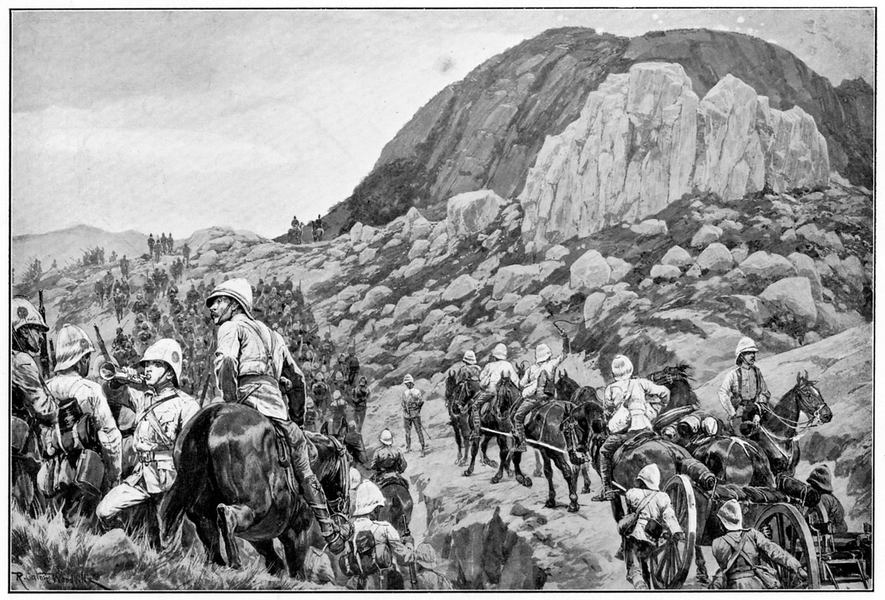 مدفعية بريطانية تتجه للهجوم على سبيون كوب ، حرب البوير الثانية ، 24 يناير 1900 بواسطة ريتشارد كاتون الثاني وودفيل