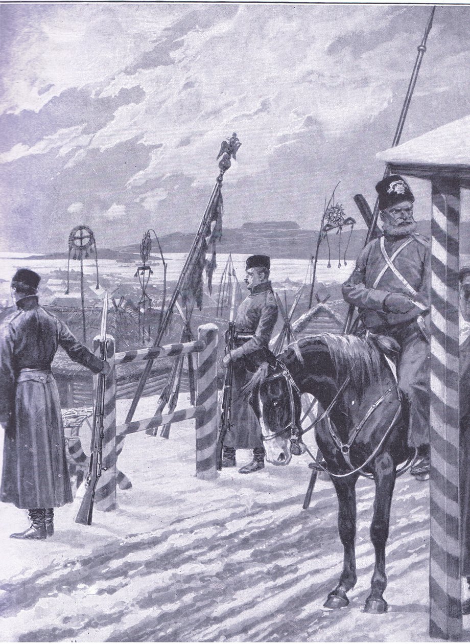 محطة قوزاق في منشوريا مع لافتات قبلية فوق أكواخ الرجال ، صورة توضيحية من Casells History of Russo-Japanese War Vol 1 ، c.1900 بواسطة ريتشارد كاتون وودفيل
