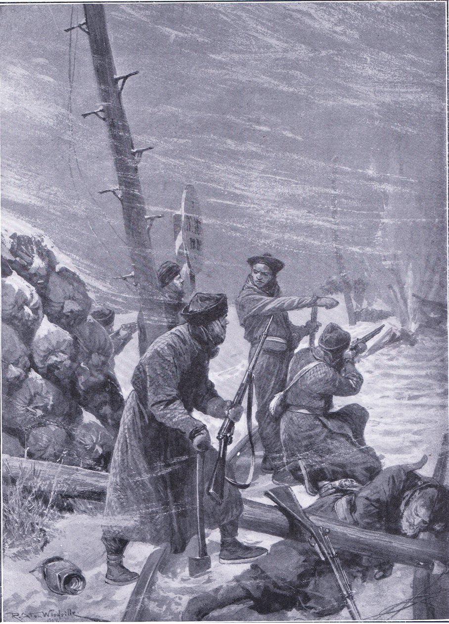 الهجوم على السكة الحديد من قبل Chunchuses ، التوضيح من Casells History of Russo-Japanese War Vol 1 ، c.1900 بواسطة ريتشارد كاتون وودفيل