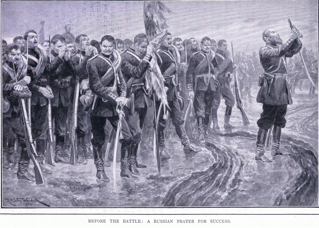 قبل المعركة: صلاة روسية من أجل النجاح ، توضيح من Casells History of Russo-Japanese War Vol 1 ، c.1900 بواسطة ريتشارد كاتون وودفيل