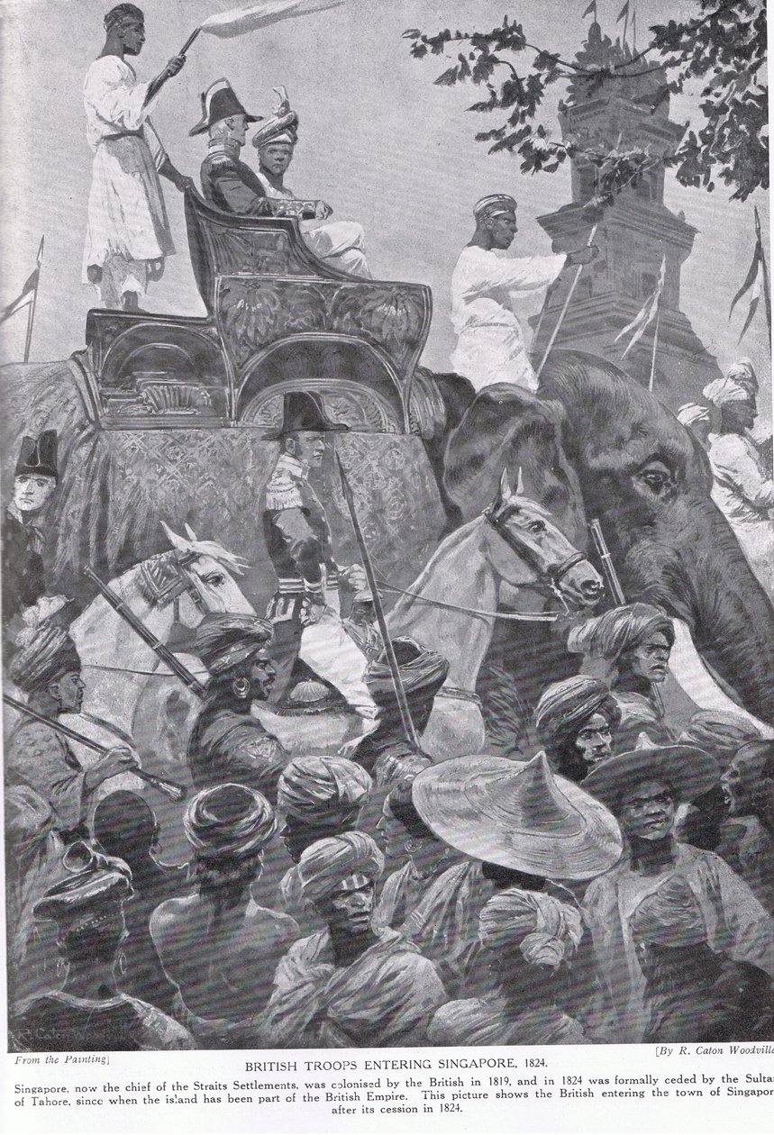 القوات البريطانية تدخل سنغافورة ، 1824 ، رسم توضيحي من "قصة هتشنسون للأمة البريطانية" بواسطة ريتشارد كاتون وودفيل