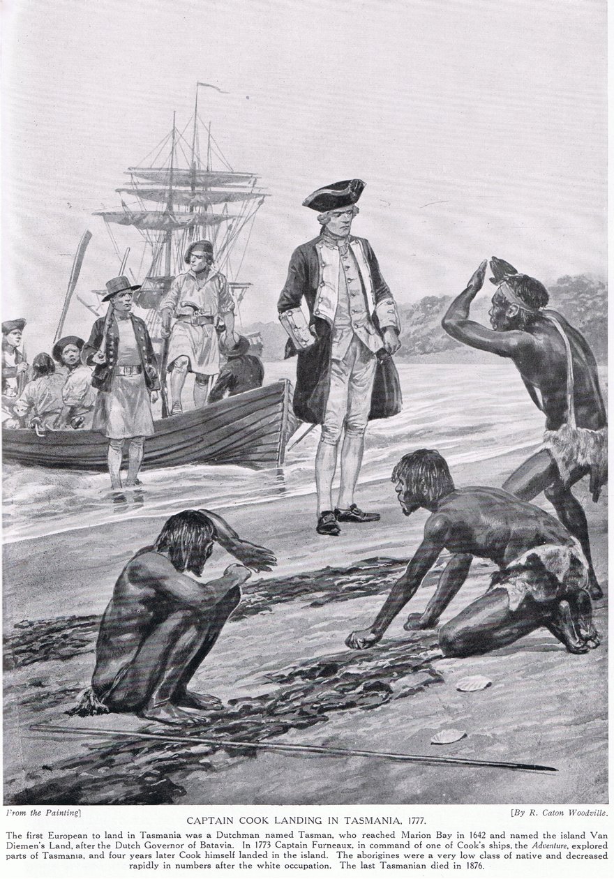 الكابتن كوك ينزل في تسمانيا ، 1777 ، رسم توضيحي من "قصة هتشنسون للأمة البريطانية" ، ج .1923 بواسطة ريتشارد كاتون وودفيل