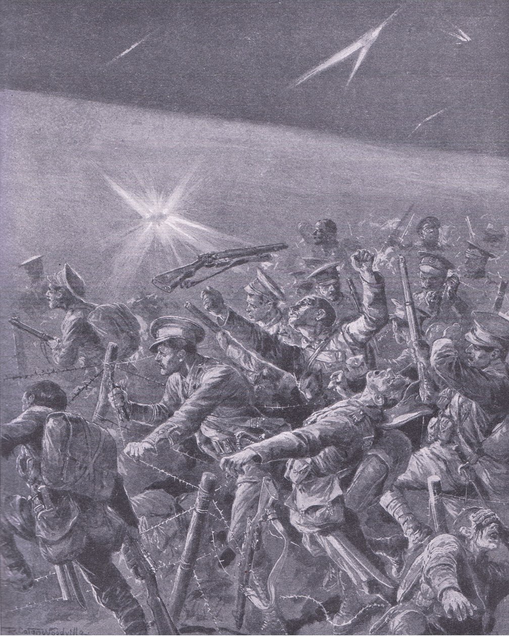 تم القبض عليه في تشابك الأسلاك الشائكة: هجوم ليلي من قبل المشاة البريطانيين ، من History of the Great War Vol 3 الذي نشرته Waverley Book Co Limited ، c.1920 بواسطة ريتشارد كاتون وودفيل