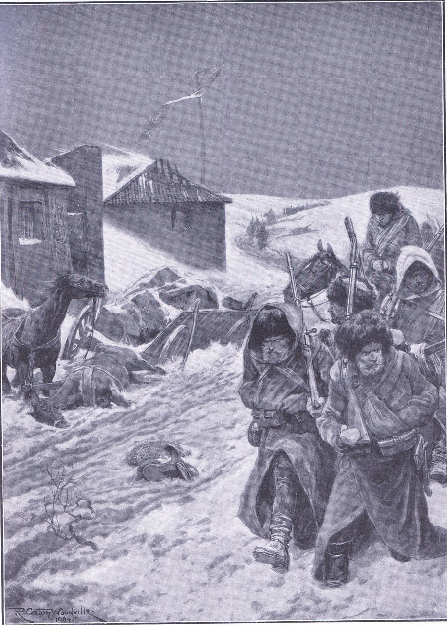 المسيرة التي لا تنتهي شرقاً: مشهد مألوف في الطريق ، رسم توضيحي من Casell History of Russo-Japanese War Vol 1 ، c.1900 بواسطة ريتشارد كاتون وودفيل