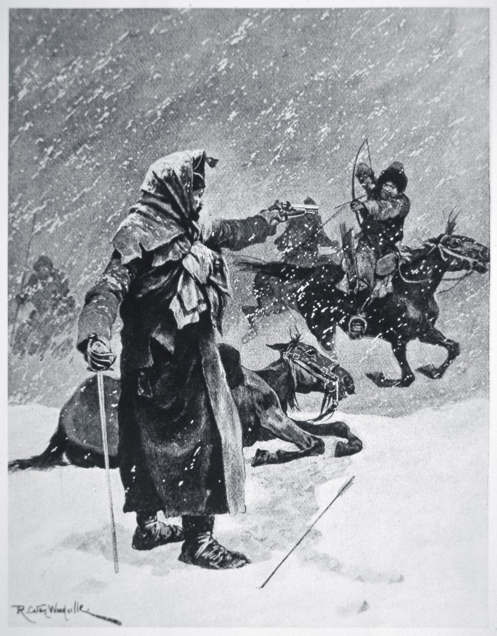 قام رماة القوزاق الأتراك البشكير بمهاجمة ومطاردة انسحاب جيش نابليون من روسيا في عام 1812 (لون ليثو) بواسطة ريتشارد كاتون وودفيل