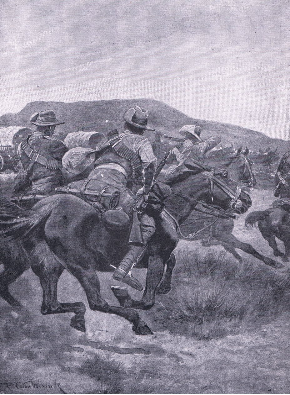 Yeomanry مهاجمة De Wets للحماية الخلفية والنقل ، من After Pretoria: The Guerilla War التي نشرتها Harmsworth Bros Limited ، 1901 بواسطة ريتشارد كاتون وودفيل