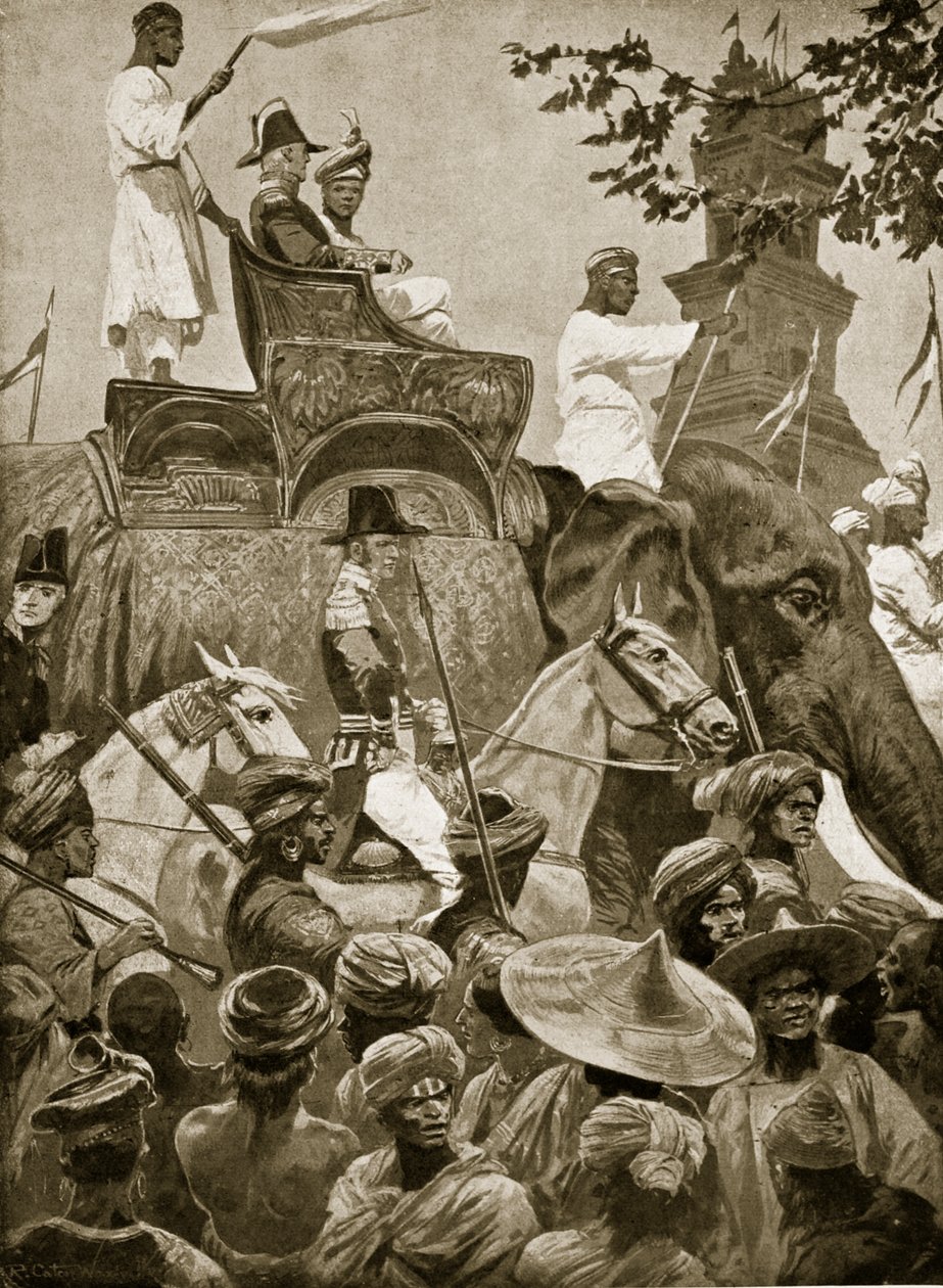 القوات البريطانية التي تدخل سنغافورة ، 1824 ، رسم توضيحي من "قصة هتشنسون للأمة البريطانية" ، ج .1923 بواسطة ريتشارد كاتون وودفيل جونيور