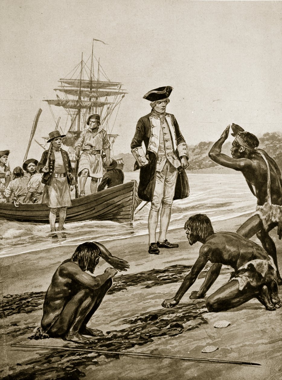 الكابتن كوك ينزل في تسمانيا ، 1777 ، رسم توضيحي من "قصة هتشنسون للأمة البريطانية" ، ج .1923 بواسطة ريتشارد كاتون وودفيل جونيور