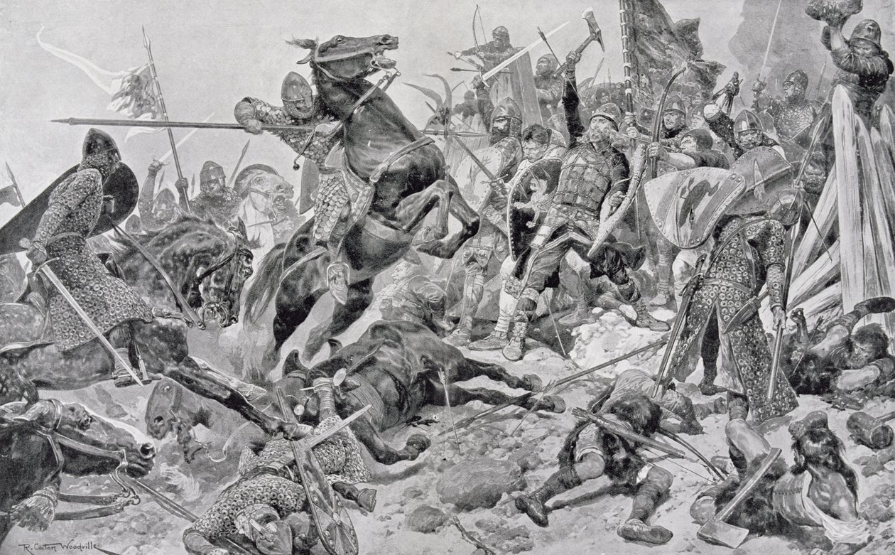 Harold&39;s (c.1022-66) الموقف الأخير ، التوضيح من "المعارك البريطانية في البر والبحر" حرره السير إيفلين وود (1838-1919) نشر لأول مرة عام 1915 بواسطة ريتشارد كاتون وودفيل جونيور