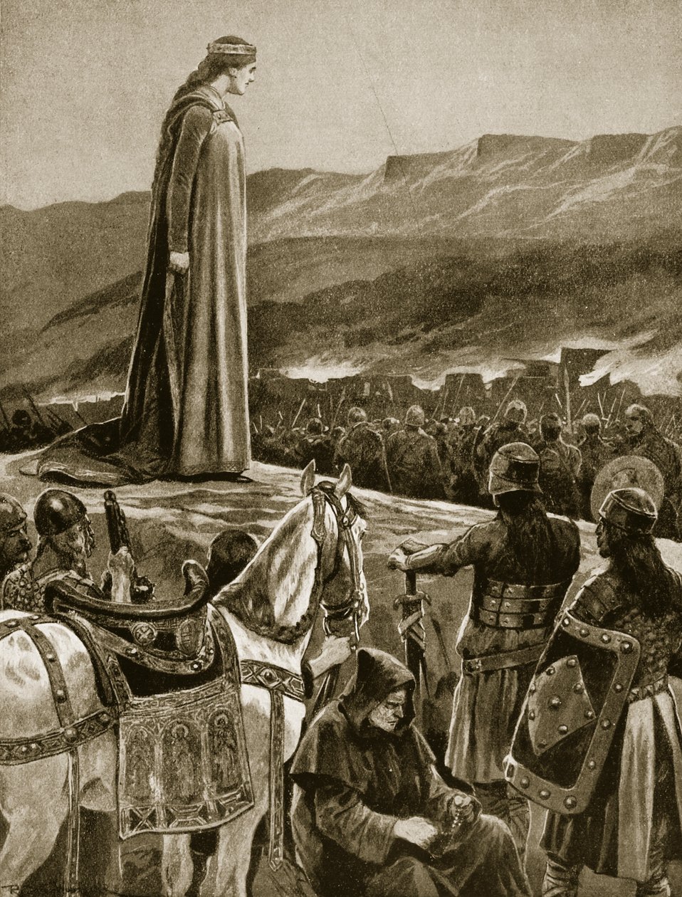 الملكة إيثلفلد تشاهد اقتحام بريكون ، رسم توضيحي من "قصة هتشنسون للأمة البريطانية" ، ص 1920. بواسطة ريتشارد كاتون وودفيل جونيور