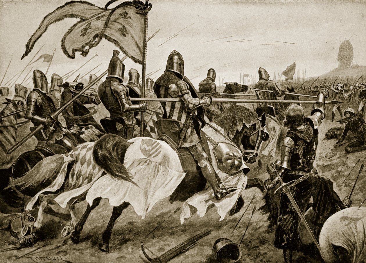 معركة كريسي ، 26 أغسطس 1346 ، رسم توضيحي من "قصة هتشنسون عن الأمة البريطانية" ، ج .1923 بواسطة ريتشارد كاتون وودفيل جونيور