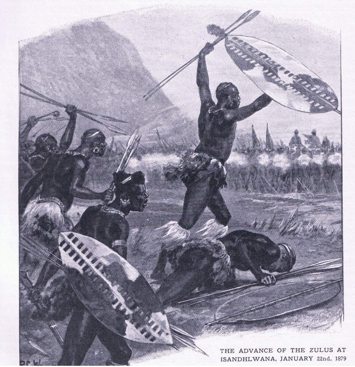 تقدم ال Zulus في Isandhlwana 22 يناير 1879 ، التوضيح من المعارك البريطانية على البر والبحر ، 1915 بواسطة ريتشارد كاتون وودفيل جونيور