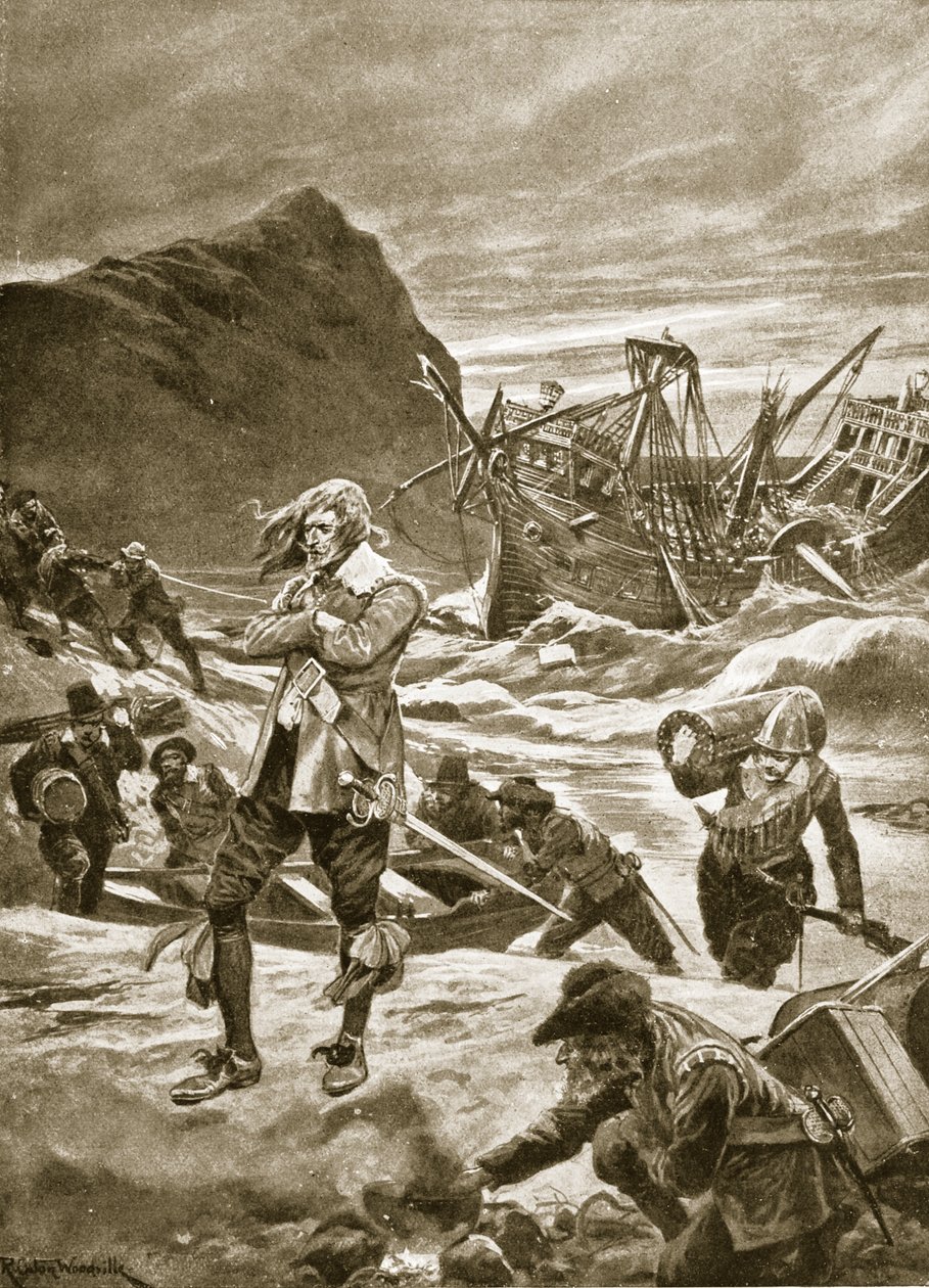 حطام على برمودا ، 1609 ، رسم توضيحي من "قصة هتشنسون للأمة البريطانية" ، ج .1923 بواسطة ريتشارد كاتون وودفيل جونيور