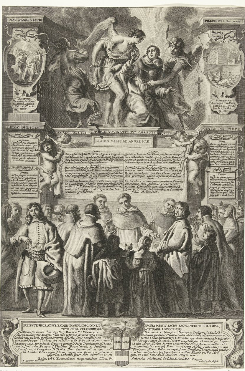 غرس فان دي broederschap ميليشيا أنجليكا من توماس الأكويني ، 1649 أصل الميليشيا الملائكية ، الإلهي توما الأكويني ؛ تحت حزام العفة السماوي ، تم تأسيسه (العنوان على الشيء) بواسطة ريتشارد كولين