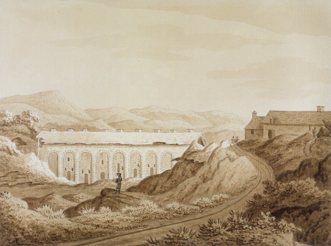Blaenavon ، من "جولة تاريخية في مونماوثشاير" بقلم ويليام كوكس ، نُشر في عام 1801 (قلم جاف وحبر بني وغسل بني على الجرافيت على ورق) بواسطة 