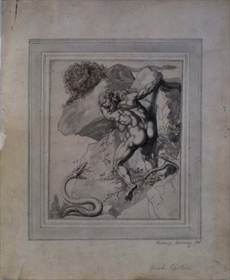 رجل محاصر بين أسد وثعبان ، حوالي عام 1790 (قلم وحبر بني ، ورمادي يغسل على ورق) بواسطة ريتشارد كوسواي