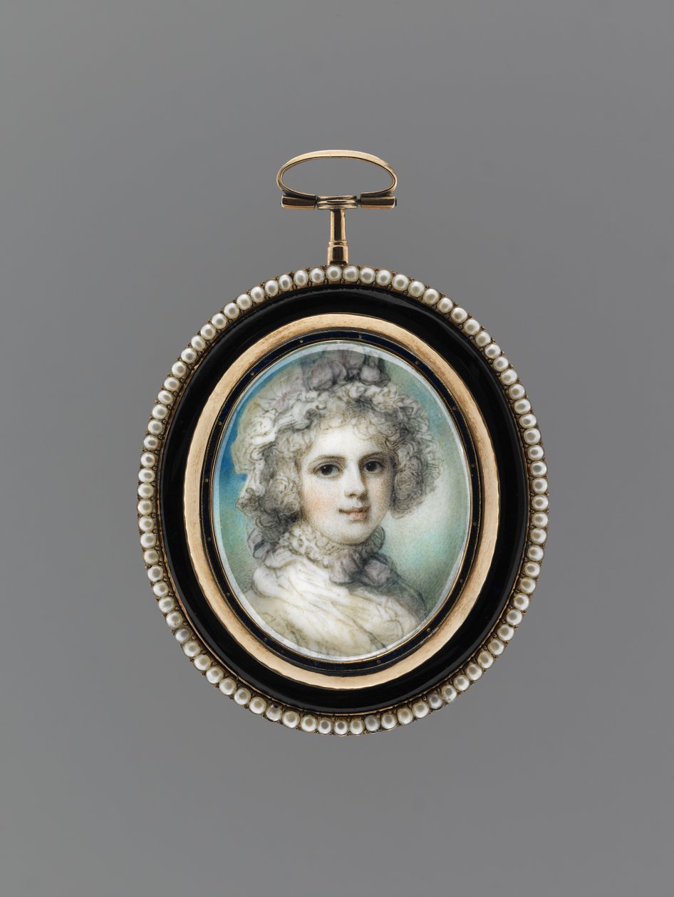 Portrait of a Woman, c.1785 (watercolor on ivory, 9k rose gold, seed pearls, enamel & glass) بواسطة ريتشارد كوسواي
