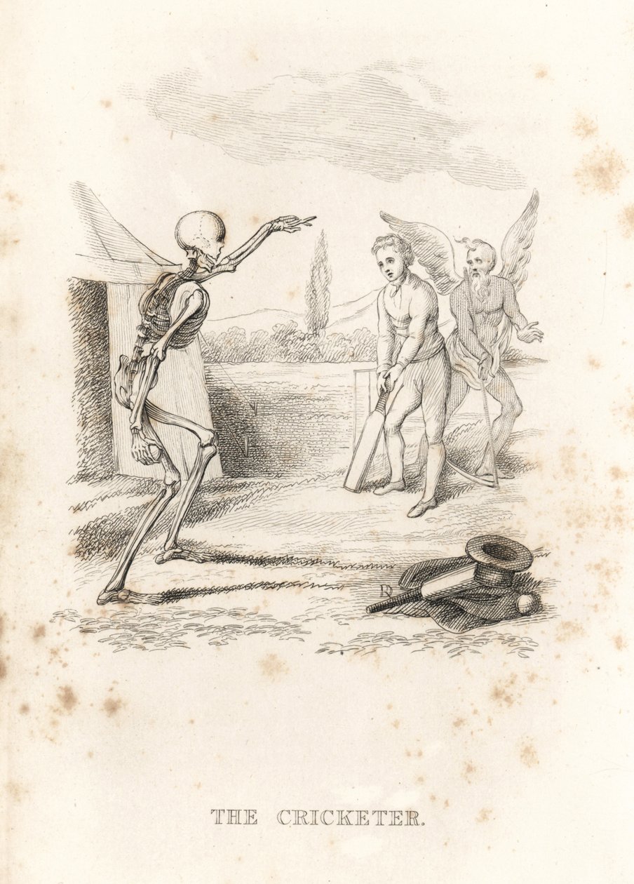 الهيكل العظمي للموت يلقي كرة على لاعب كريكيت في الخفاش ، 1827 (نقش) بواسطة ريتشارد داجلي