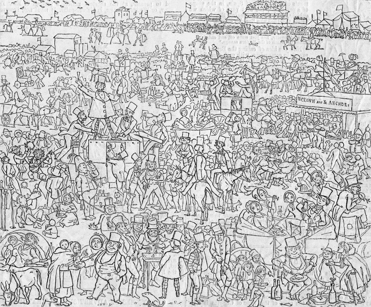 عادات وتقاليد إنجليش عام 1849: منظر لإبسوم داون في ديربي داي ، 1849 بواسطة ريتشارد دويل
