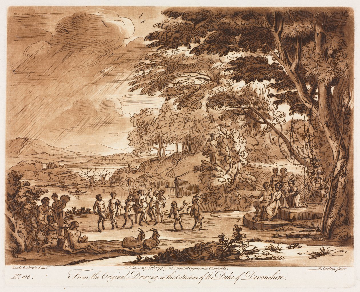 Liber Veritatis: No. 108، Landscape with Satyrs and Nymphs Dancing. ليبر فيريتاتيس: رقم 108 ، منظر طبيعي مع رقص الإغراءات والحوريات بواسطة ريتشارد إيرلوم
