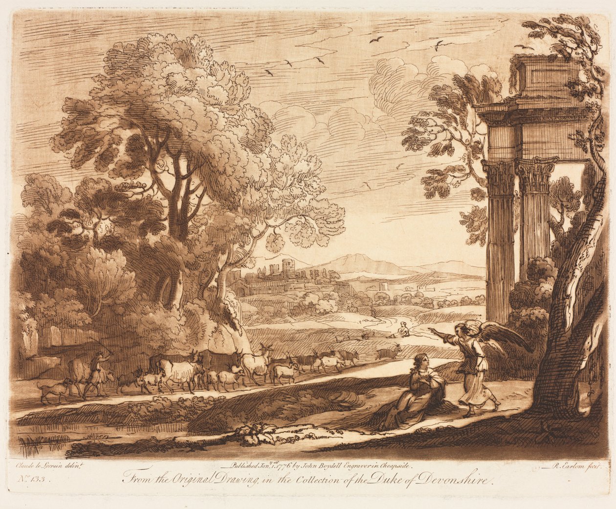 Liber Veritatis: No. 133، A Landscape، with Cattle، and Angel Comforting Hagar، 1776. بواسطة ريتشارد إيرلوم