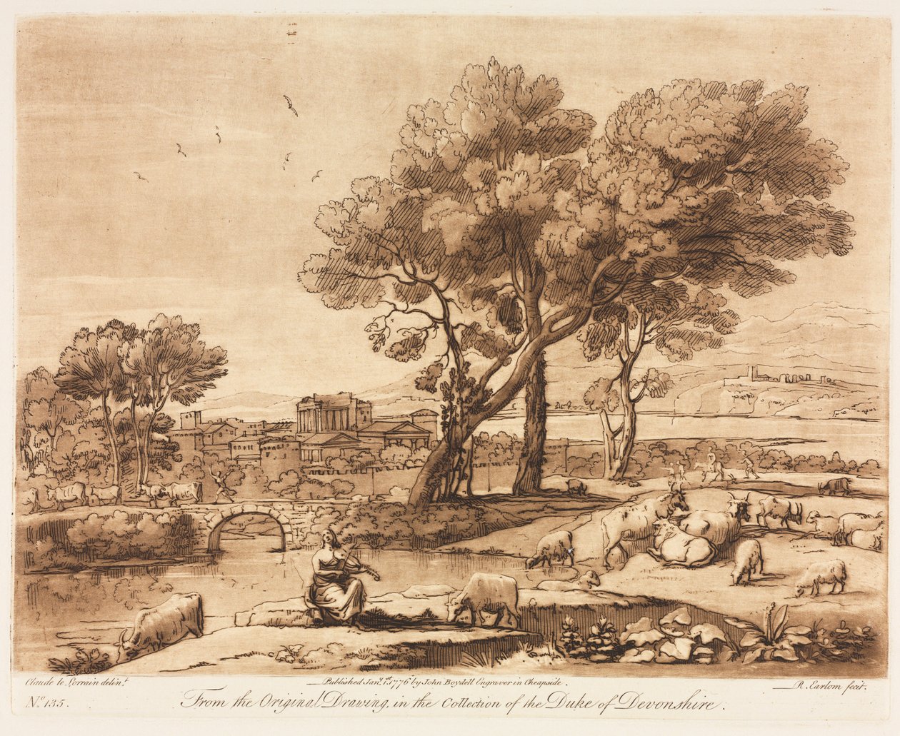 Liber Veritatis: No. 135، A Landscape، with Buildings، Mercury Stealing Admetuss Cattle ...، 1776. بواسطة ريتشارد إيرلوم