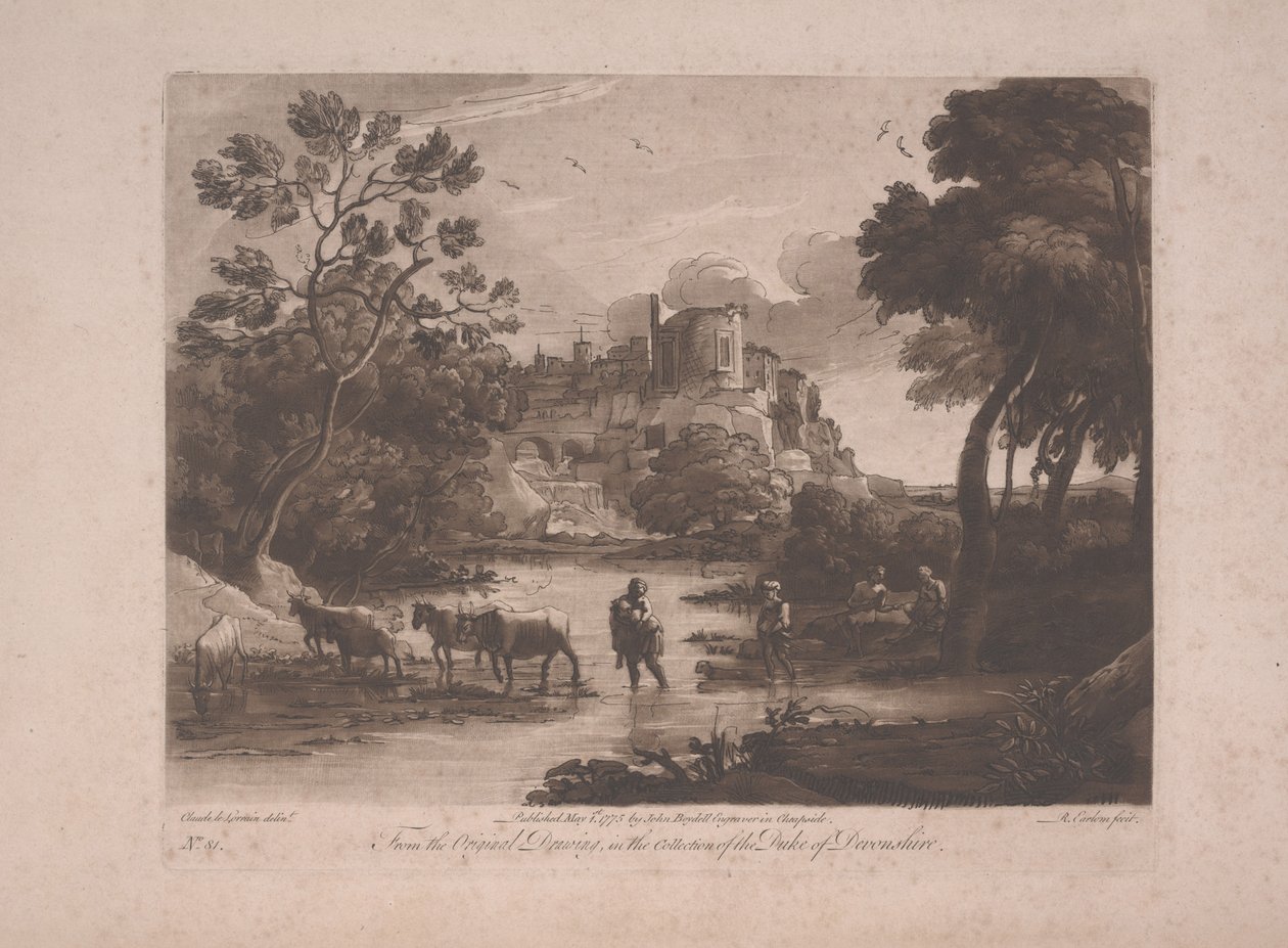 منظر تيفولي عند غروب الشمس ، نُشر عام 1775 (ميزوتينت مع نقش) بواسطة ريتشارد إيرلوم