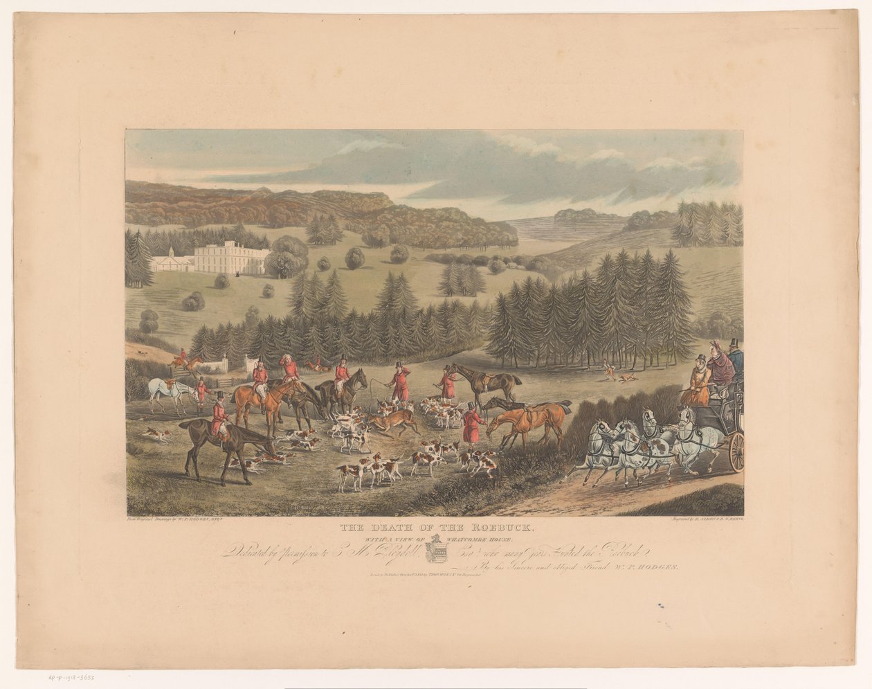 يحيط الصيادون والكلاب بغزال يحتضر بالقرب من Whatcombe House The Death of the Roebuck ، مع منظر Whatcombe House (العنوان على الكائن) بواسطة ريتشارد جيلسون ريف