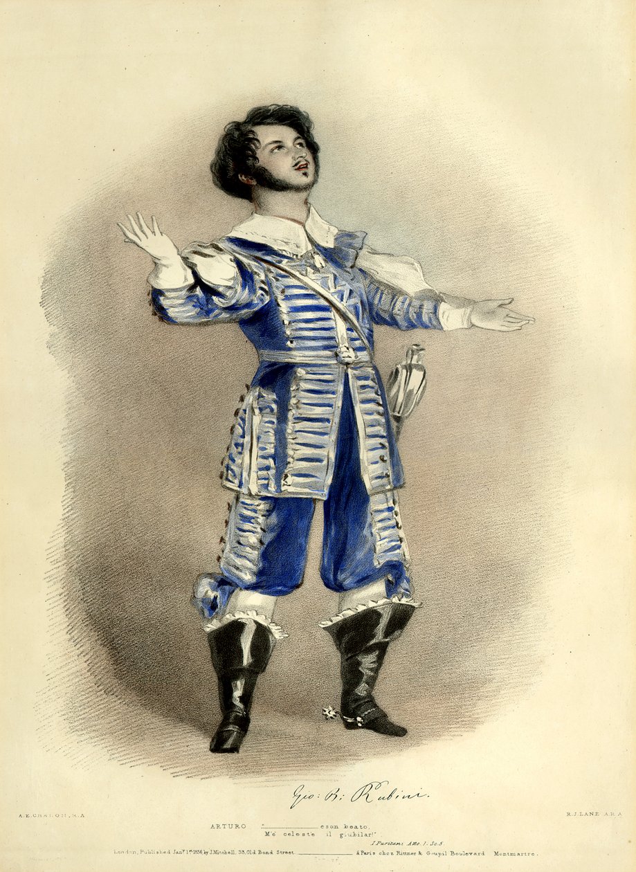 أنا Puritani مع Giovanni Rubini في دور Arturo (الذي أنشأ الدور) من أول إنتاج في باريس ، Théâtre-Italien بواسطة ريتشارد جيمس لين