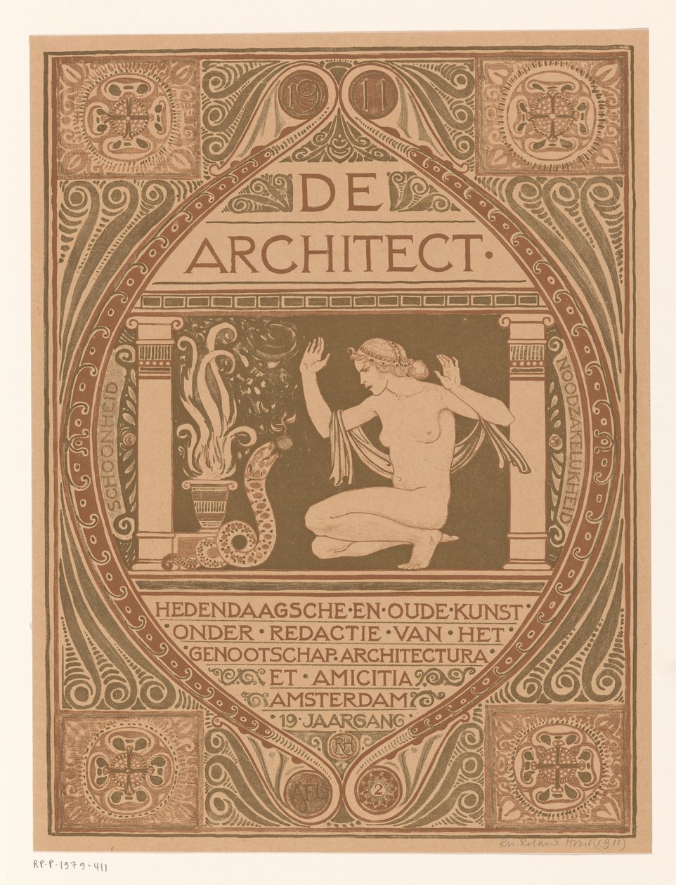 تصميم الغلاف لـ: De Architect، 1911 بواسطة ريتشارد نيكولاوس رولاند هولست (توقيع الفنان)