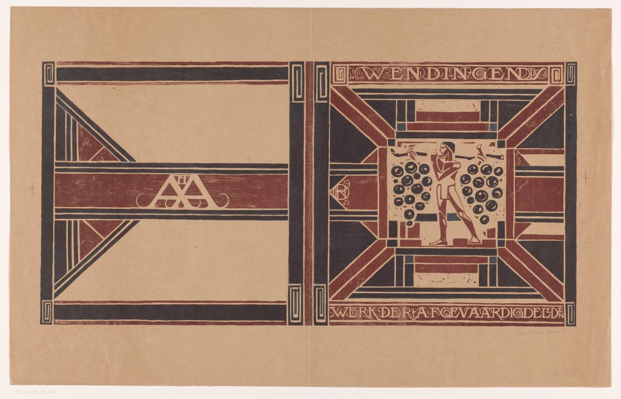 تصميم الغلاف لـ: Wendingen، 1921 عمل الأعضاء المفوضين (العنوان على الكائن) بواسطة ريتشارد نيكولاوس رولاند هولست (توقيع الفنان)