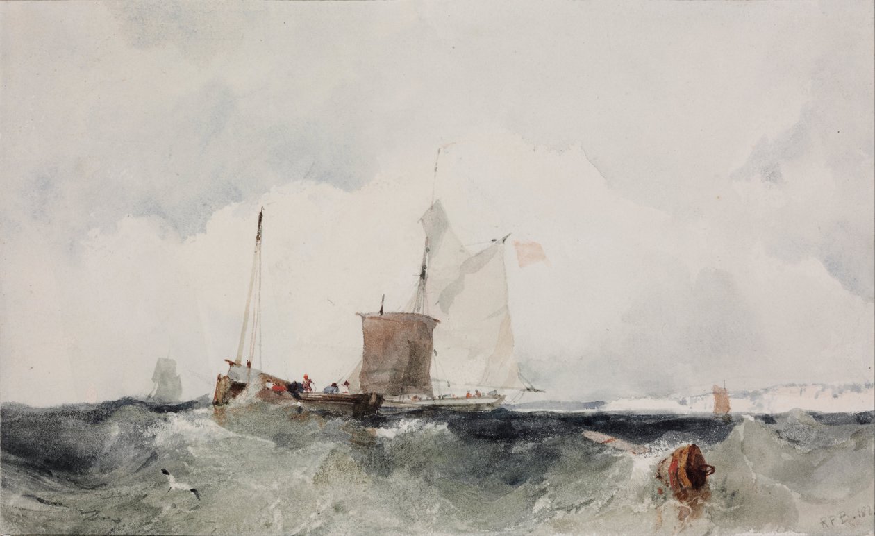 على الساحل الإنجليزي - Oeuvre de Richard Parkes Bonington (1802-1828) - 1825 - ألوان مائية على الورق - 14x22،7 - Szepmuveszeti Muzeum ، بودابست بواسطة ريتشارد باركس بونينجتون