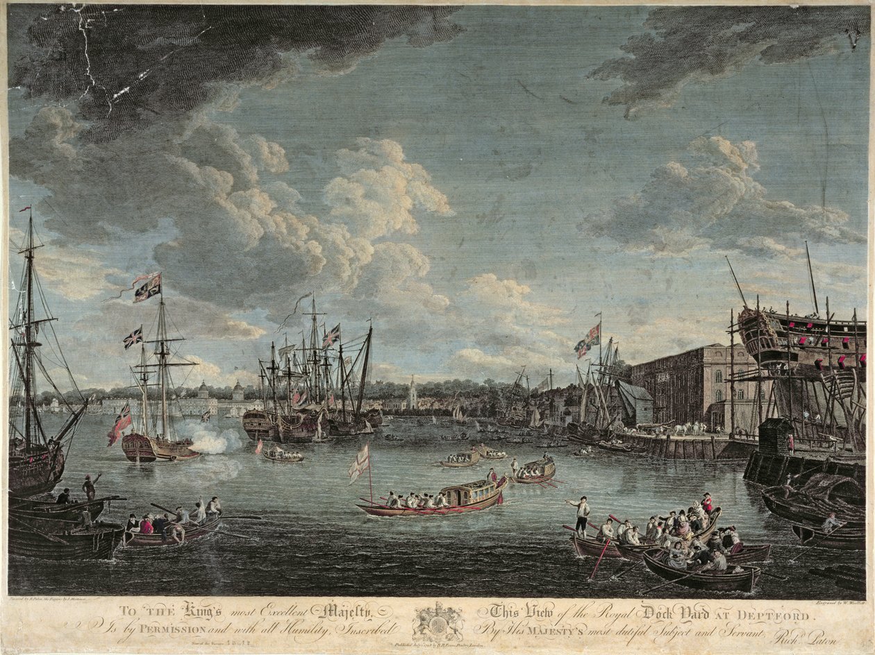 منظر لـ Royal Dock Yard في Deptford ، منقوش بواسطة William Woollett ، تم نشره في 1 يوليو 1793 (النقش الملون) بواسطة ريتشارد باتون