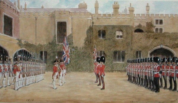 Grenadier Guards Relieving Guard at St. James's - The Old Guard of 1804 and New Guard of 1904 (ألوان مائية على ورق) بواسطة ريتشارد سيمكين