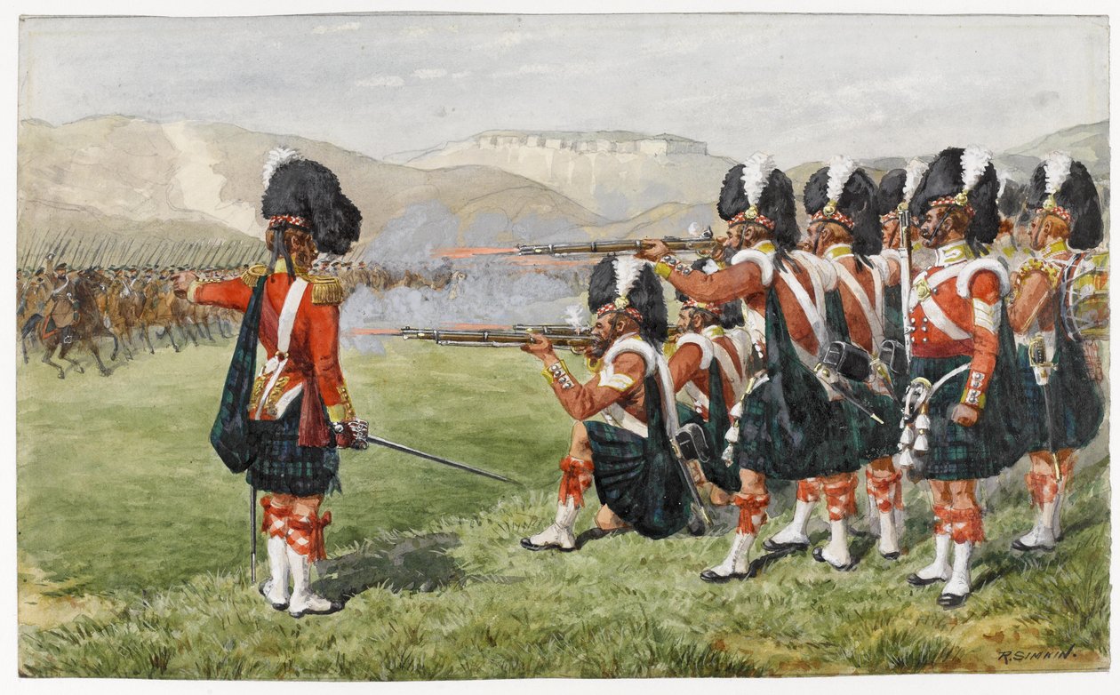 93 المرتفعات ساذرلاند في معركة بالاكلافا 25 أكتوبر 1854: الخط الأحمر الرفيع ، 1854 (مرحاض على الورق) بواسطة ريتشارد سيمكين