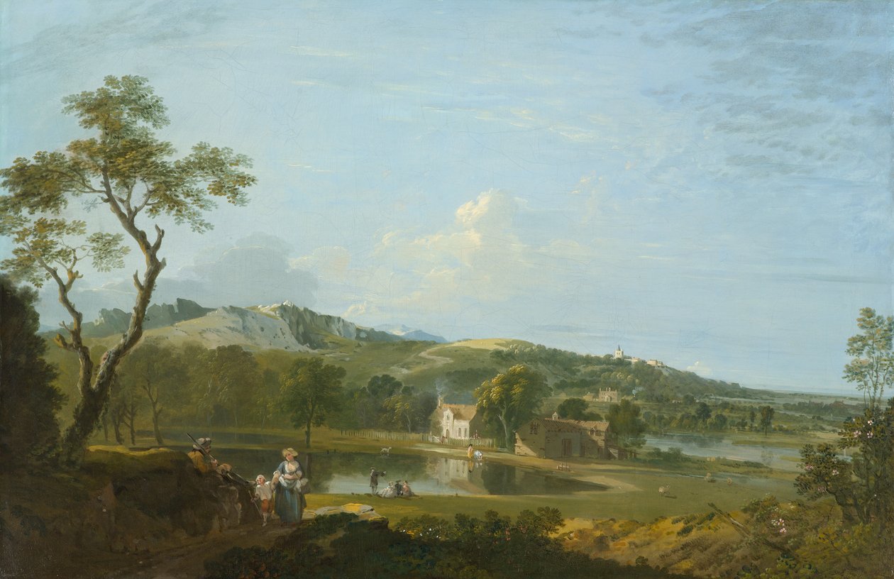 منظر طبيعي واسع مع أكواخ بالقرب من بحيرة ، حوالي 1744-1745 (زيت على قماش) بواسطة ريتشارد ويلسون