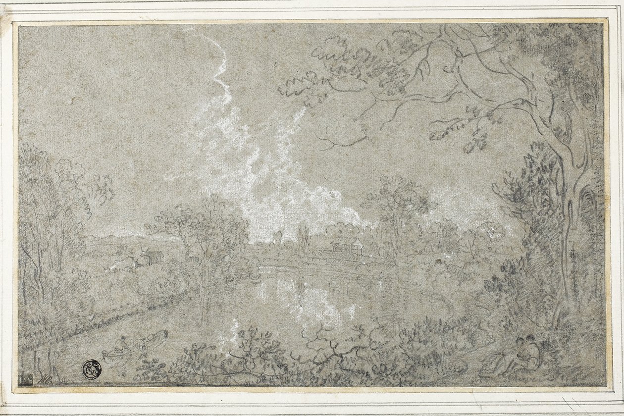 ضفاف نهر دي بالقرب من قاعة إيتون ، شيشاير ، حوالي 1759 (طباشير أبيض وأسود على ورق أزرق ، موضوع على بطاقة) بواسطة ريتشارد ويلسون
