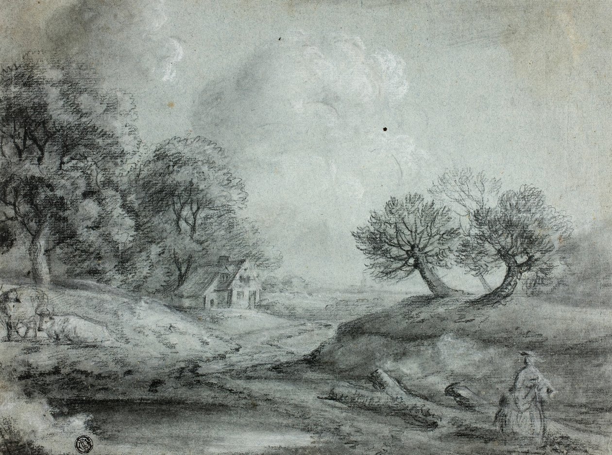 منظر طبيعي مع امرأة وأبقار (وجه الصفحة) ؛ رسم تخطيطي لمنظر طبيعي (ظهر) بواسطة ريتشارد ويلسون
